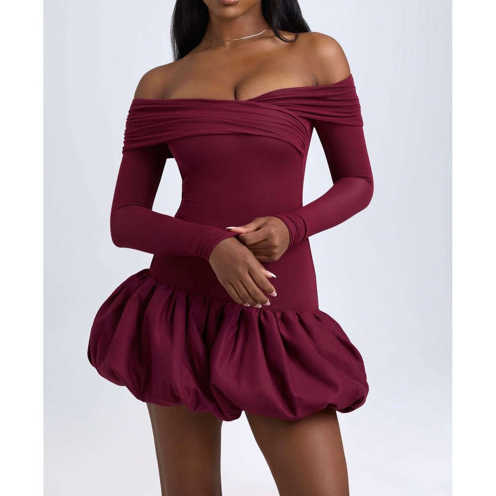 Oh Polly Wine‎ Red Off Shoulder Long Sleeve Bubble Hem Mini Dress XXS Burgundy